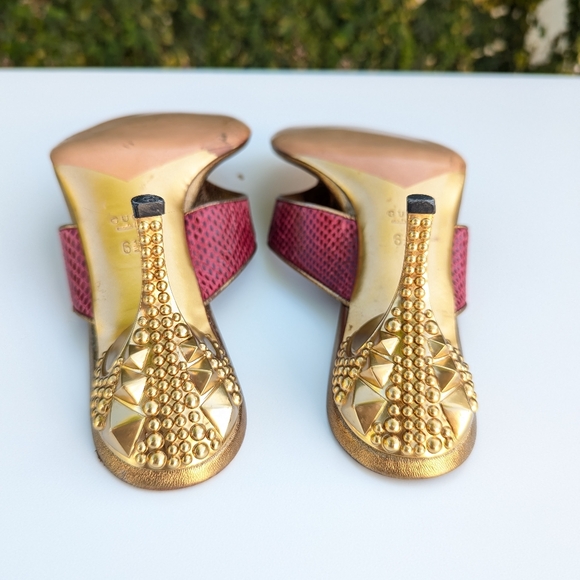 Gucci Pink Lizard Snakeskin Kitten Heel Sandals w/ Gold Studded - Picture 7 of 11